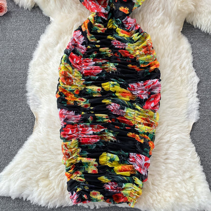 Suspender dress elastic slim mesh printed strapless and buttocks  2821