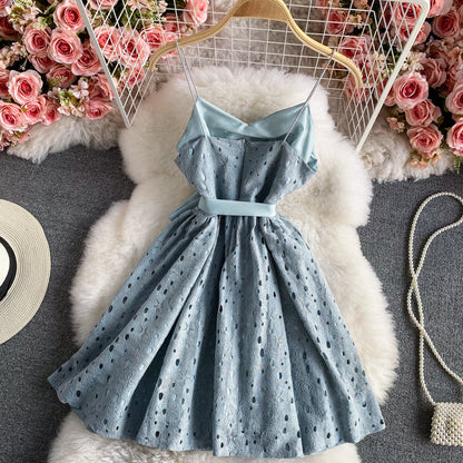 Sweet little fresh suspender skirt high waist backless lace dress  2893