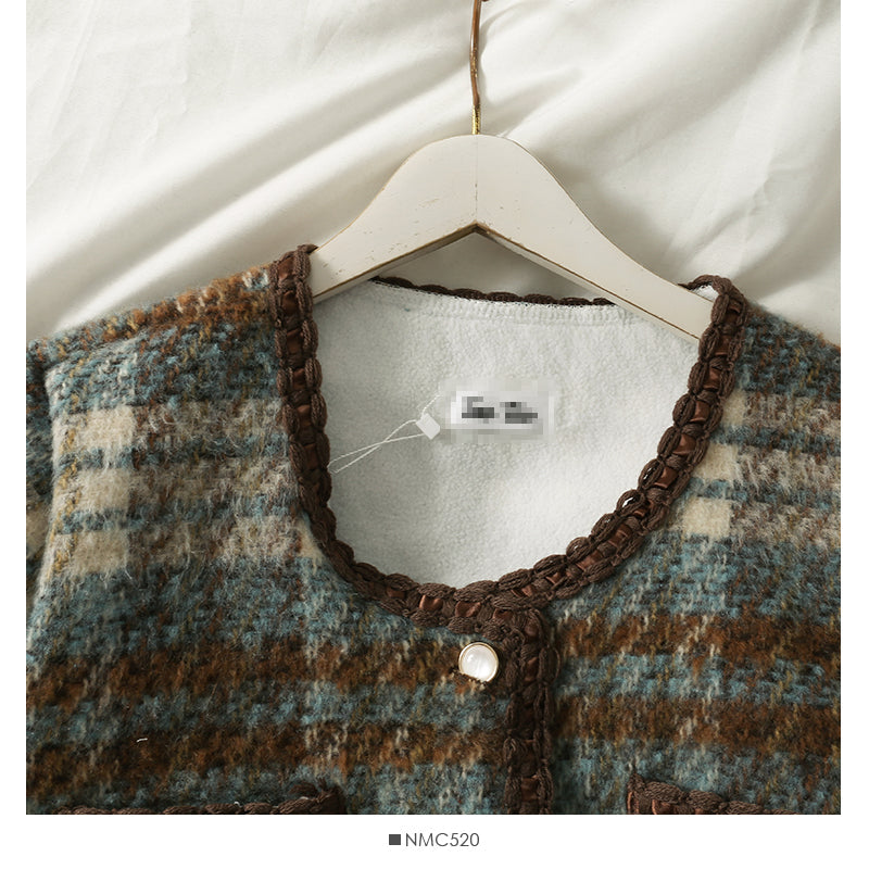 Hong Kong Style Vintage Plaid single breasted cardigan woolen jacket female  2124