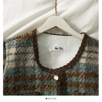 Hong Kong Style Vintage Plaid single breasted cardigan woolen jacket female  2124