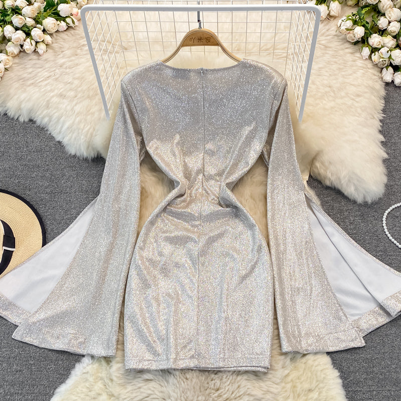 High waist V-neck flare flare sleeve dress  2871