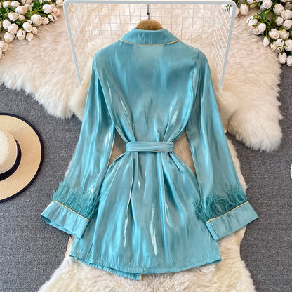 Celebrity style acetate Satin Long Sleeve waist closing shirt dress  3269