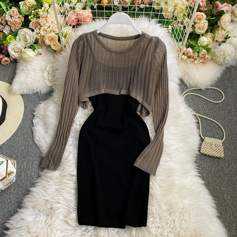 Long sleeved Knitted Blouse hip strap dress  2764
