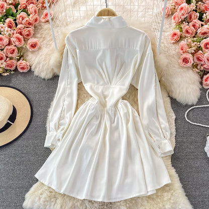 Slim long sleeve A-line shirt skirt waist puffy dress  3356