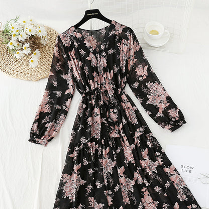 New French retro loose early autumn Chiffon large flower skirt long  2170