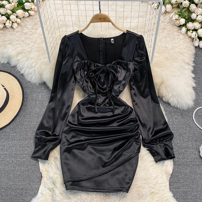 Pleated bubble sleeve square neck acetate satin dress Hip Wrap Dress  3023