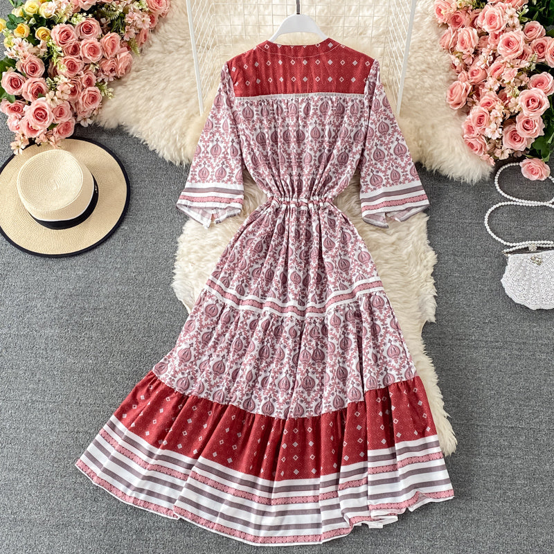 Single breasted V-neck dress large floral long skirt  2969