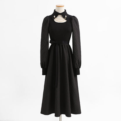 Knit stitched dress Vintage Chain Collar skinny over knee black dress  2344