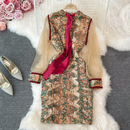 Stand collar mesh embroidery waist bag hip dress  3328