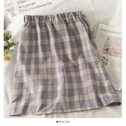 Retro simple versatile Plaid split casual A-line skirt  2645