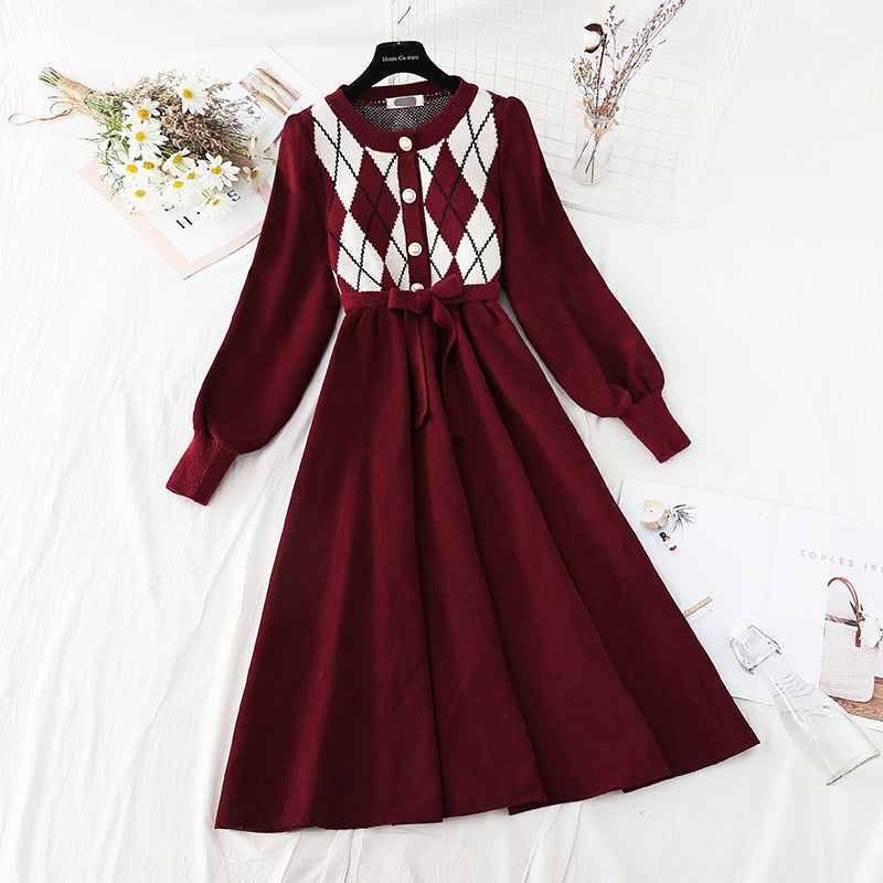 Corduroy stitched knitted dress with coat  2127