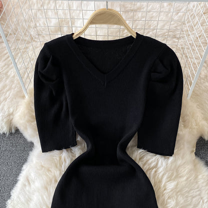 Temperament bubble sleeve slim V-neck wrap hip dress  2895