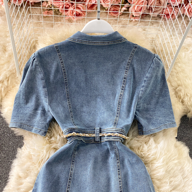 Bubble sleeve Lapel denim dress  2965