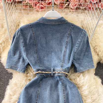 Bubble sleeve Lapel denim dress  2965