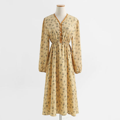 French retro minority temperament gentle wind long sleeve Floral Dress  2254