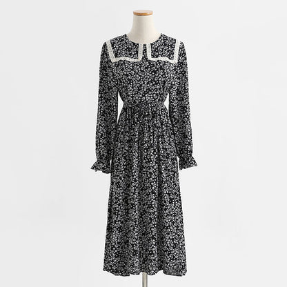 Dress gentle wind long sleeved chiffon skirt with slim waist and long Lapel skirt  2175