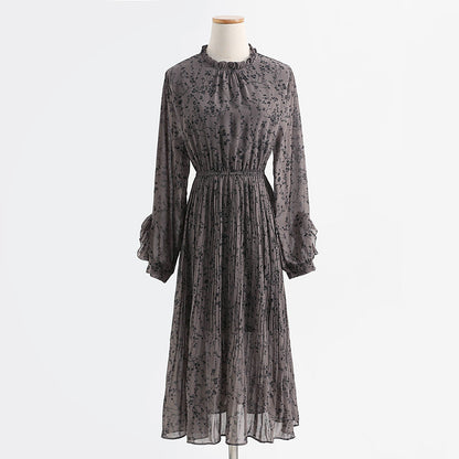 Chiffon pleated skirt, fungus floral dress, slim dress, lady dress  2432