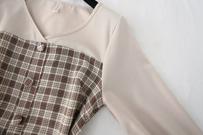 French Vintage plaid skirt fairy super fairy series long sleeve waist fashion  2301