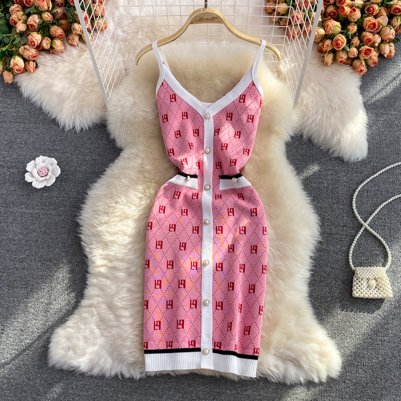 Knitted cardigan two piece V-neck suspender dress  3260