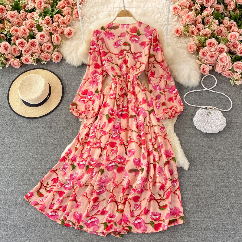 Bubble sleeve gentle wind sweet floral skirt  3265