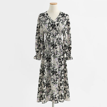 Long sleeve floral dress long fairy French Vintage Chiffon  2430