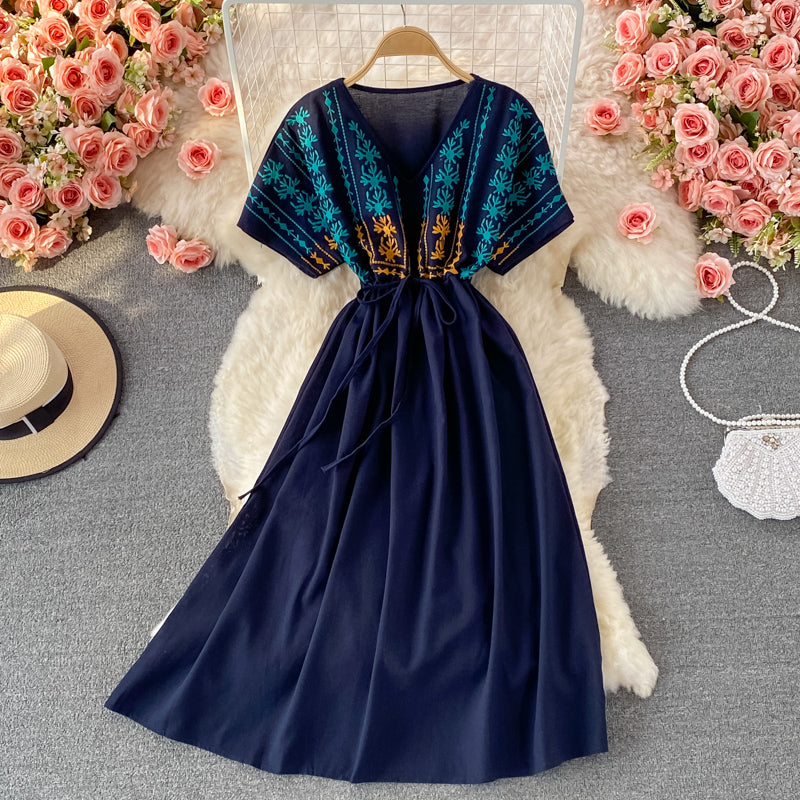 Embroidered V-neck cotton linen dress  3078