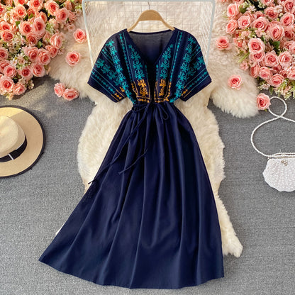 Embroidered V-neck cotton linen dress  3078