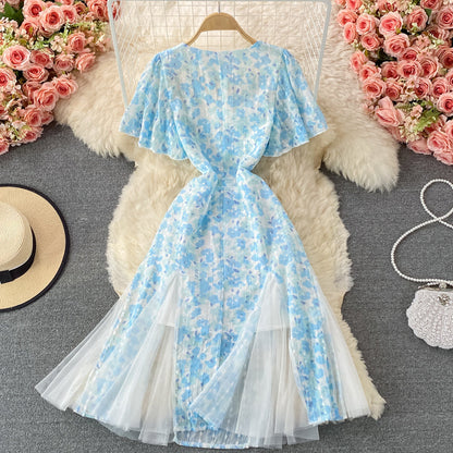 Mesh stitched V-neck Chiffon Blue Floral A-line dress  3219