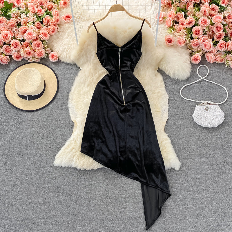 Suspender skirt female slim irregular velvet dress  2834