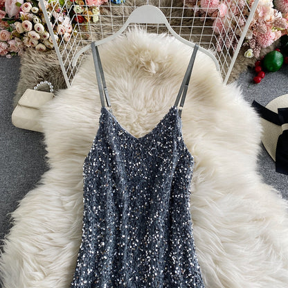 Sequin slim sexy hip strap dress  2849