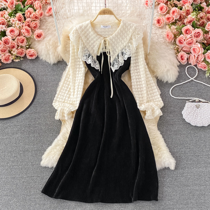 Lace stitching doll neck corduroy dress  3262