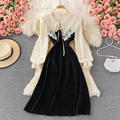 Lace stitching doll neck corduroy dress  3262