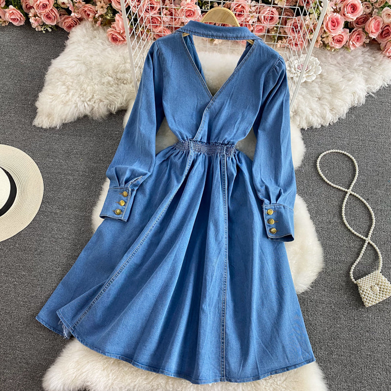 Temperament Lapel long sleeve backless denim dress  2960