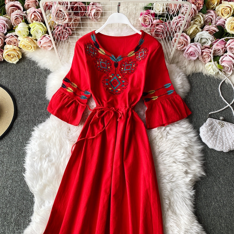 Embroidered trumpet sleeve V-neck waist cotton hemp loose holiday dress  2948