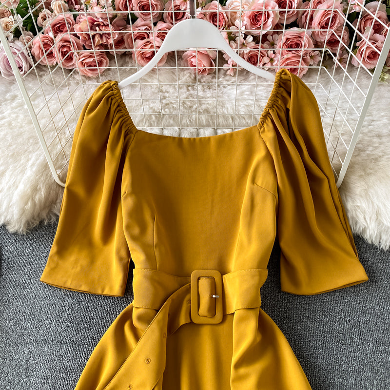 French square neck bubble sleeve lace up waist slim backless dress  3170