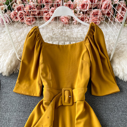 French square neck bubble sleeve lace up waist slim backless dress  3170