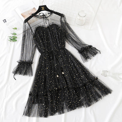 Sequin lace mesh dress women's autumn and winter loose bottomed doll dress  2173