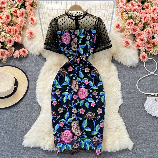 Mesh stitching heavy industry embroidery Hip Wrap Dress  3072