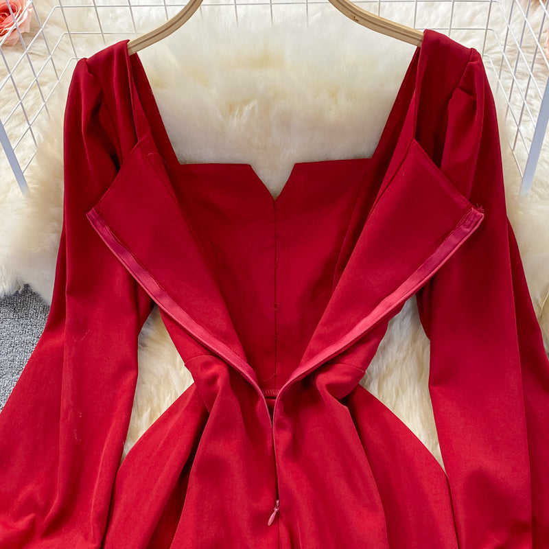 High waist Thin Red Square Neck Dress  3255