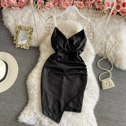 Slim dress V-neck low chest hip skirt suspender skirt  3048