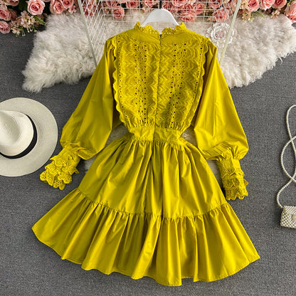 Vintage Lace lace up fungus edge Lantern Sleeve Dress  3180