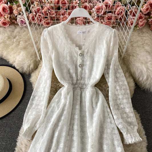 Women's dress with narrow waist and solid color bubble sleeve lace  3420
