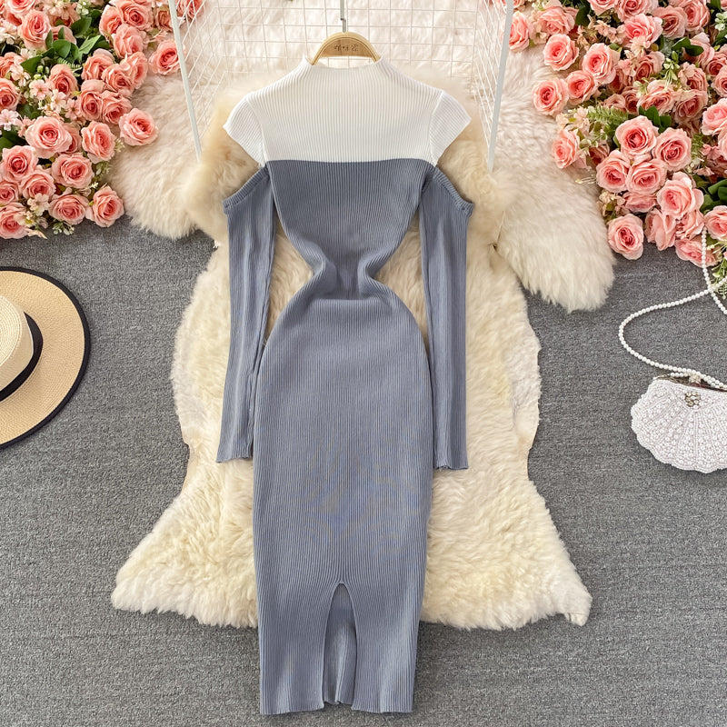 French Vintage stand collar knit dress  3358