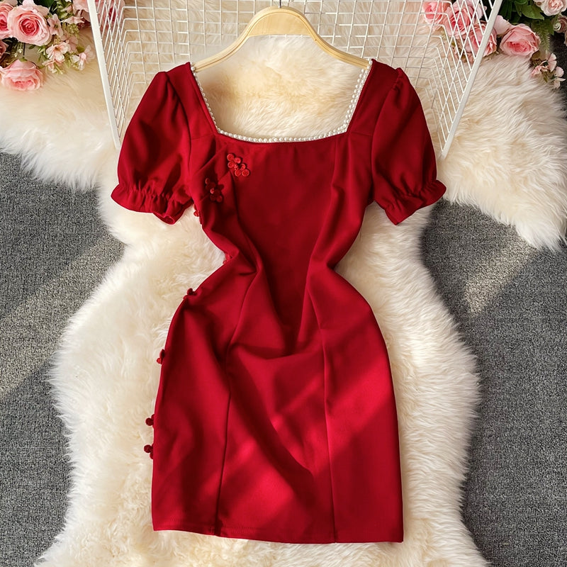 Retro disc buckle temperament bubble sleeve square neck dre  2808