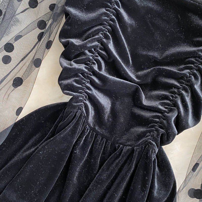 Celebrity temperament black square neck velvet dress  3366