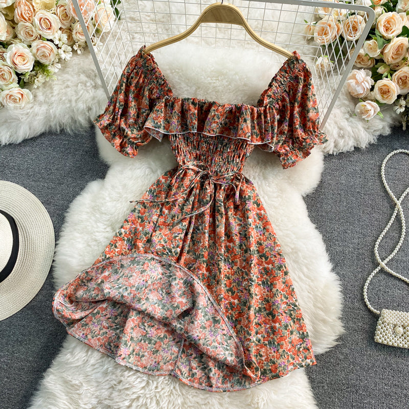 Slim waist with square neck bubble sleeve Floral Dress  3317