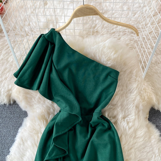 Sexy ruffled diagonal neckline backless dress  2974