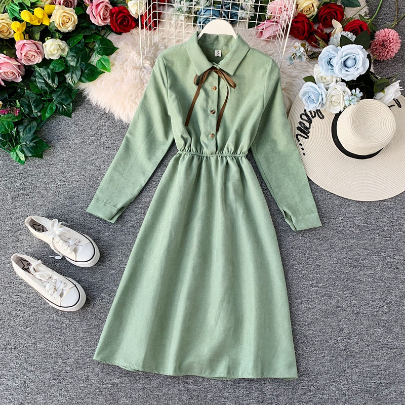 French retro super fairy waist skirt core velvet shirt dress  3401