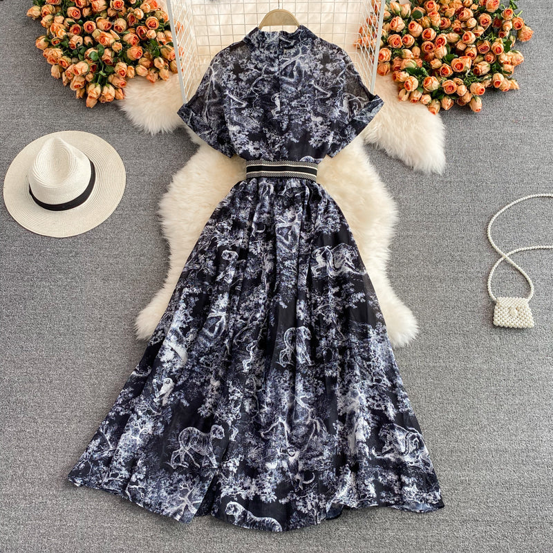 Knee length Vintage Printed Dress with waist cut and long skirt  3223