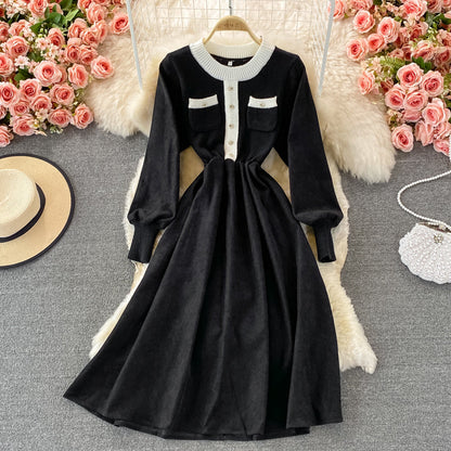Korean high waist round neck knit stitched dress  3369
